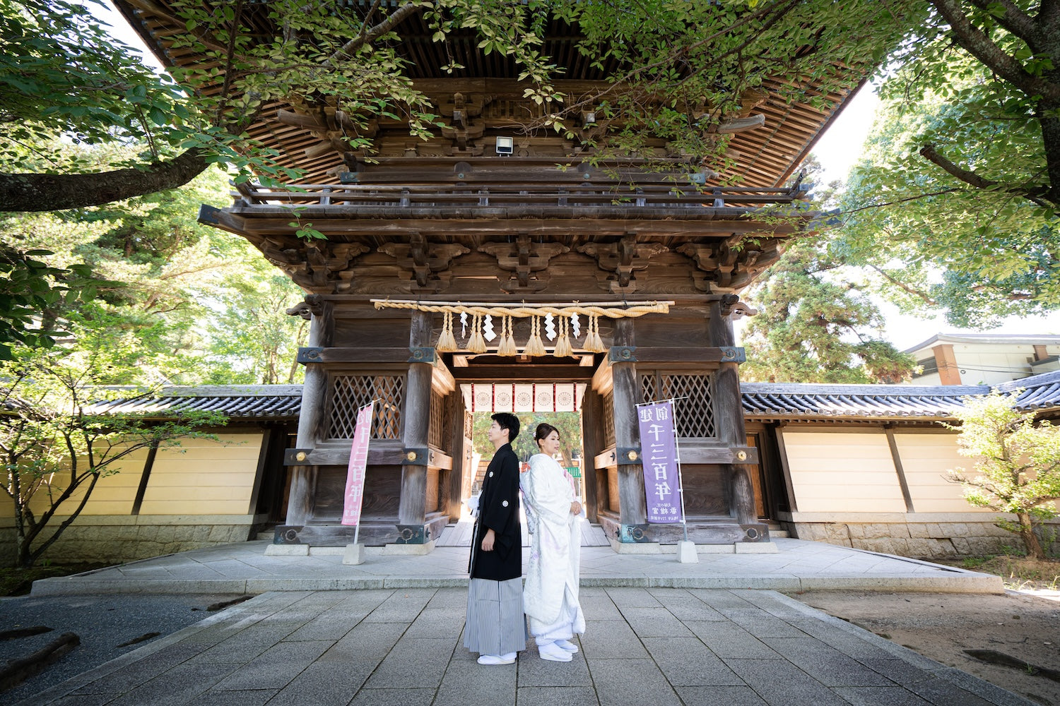 A couple alone at the shrine gate, framed by summer greenery